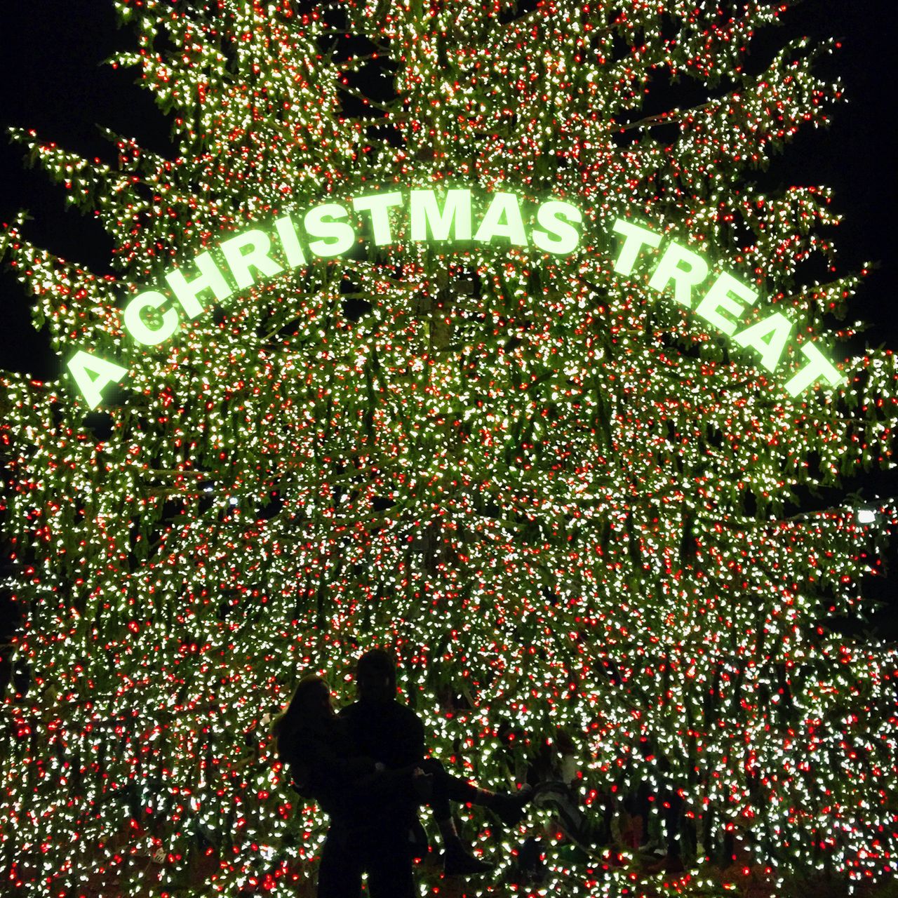Two sillouttes holding one another against a brightly lit Christmas tree