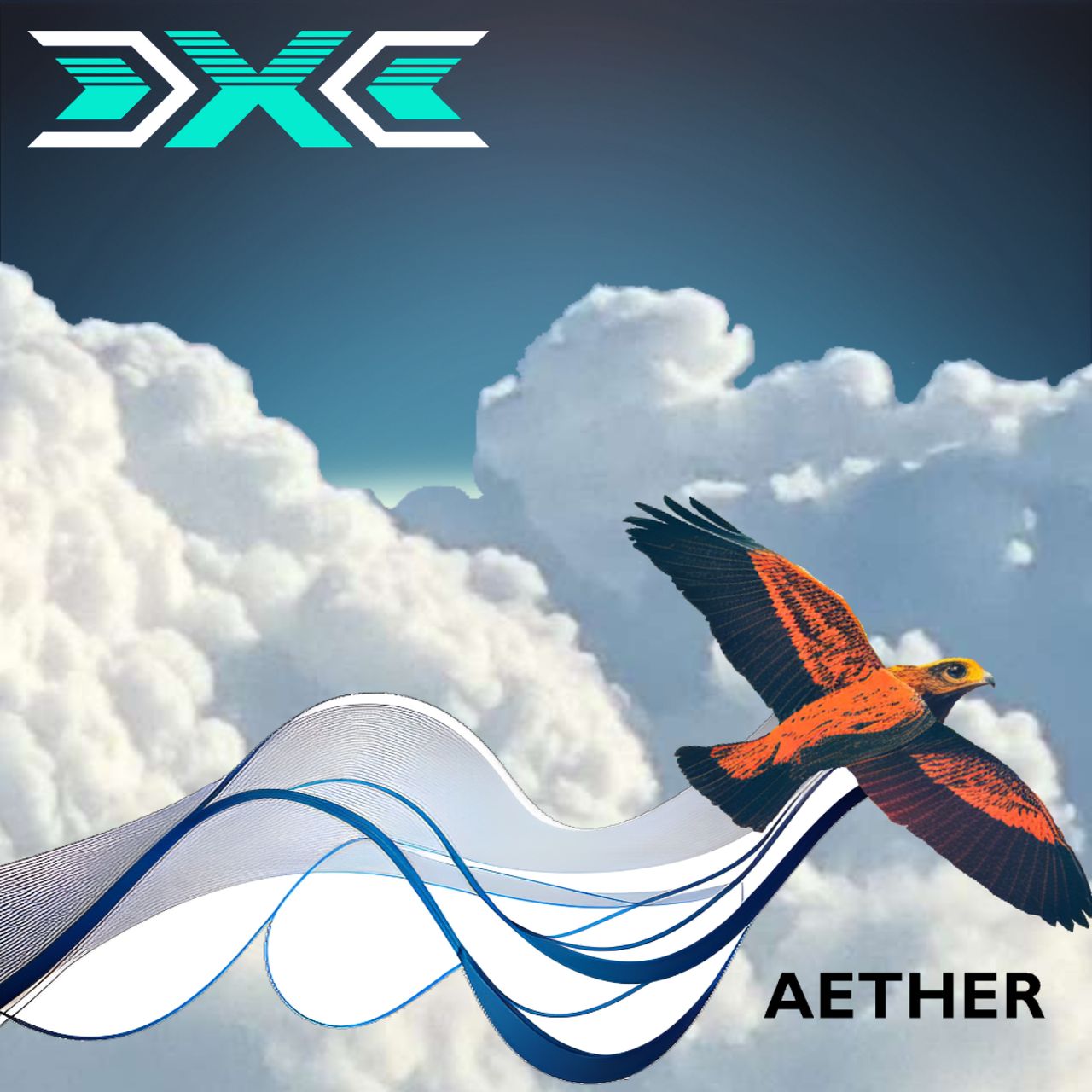 a red bird against the clouds with ribbons trailing behind