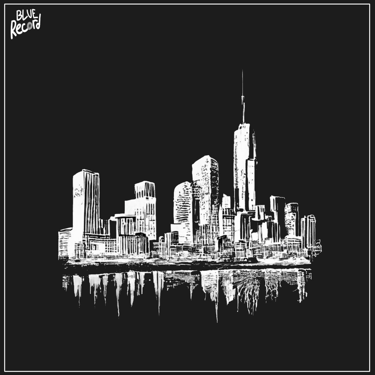 black cityscape on white background, with icycles hanging off of the bottom