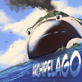 an astronaut's helmet in the middle of the ocean, with foliage and a volcano on it like an island