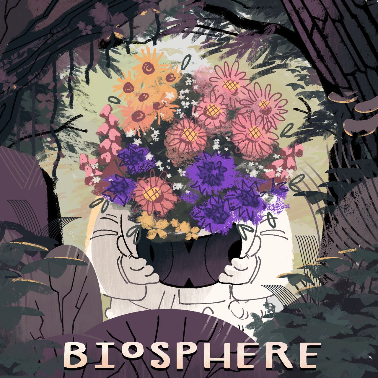 an astronaut in a forest grotto. they are holding their helmet in their hand, and flowers are growing out of it, obscuring their face