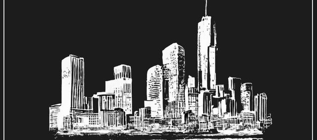 a white sillouette of a black city, with icicles hanging off of it underneath