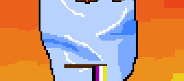 a polyethylene bag against a red background, with the non-binary flag printed on