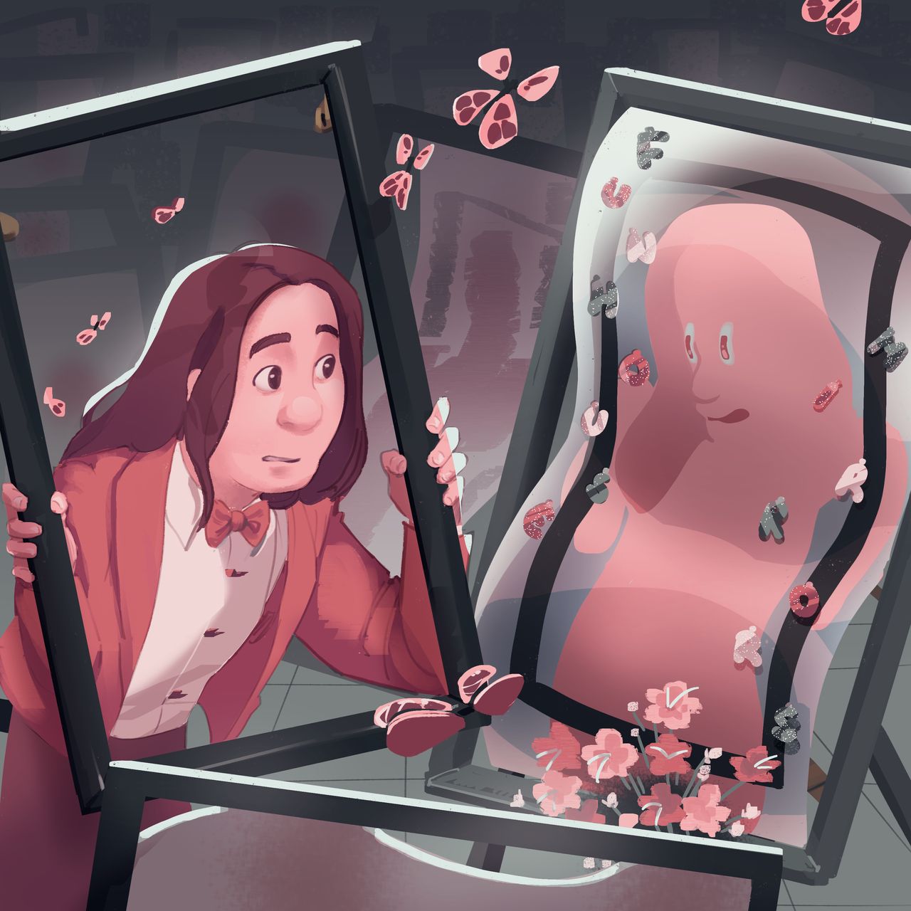 someone looking into a mirror and seeing a comical distortion of themself