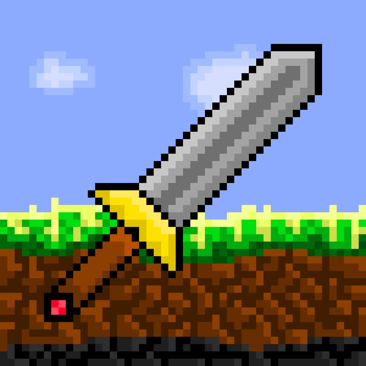 A sprite of a sword against a grassland sidescroller background