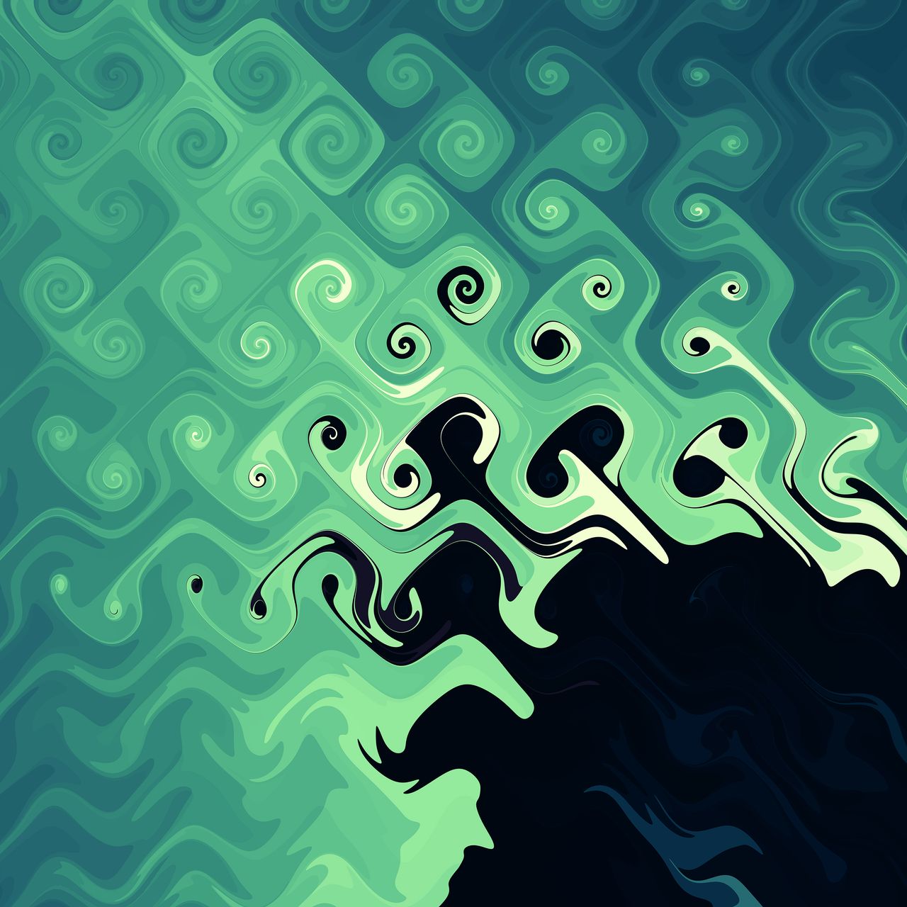 light green spirals being consumed by inky nothingness