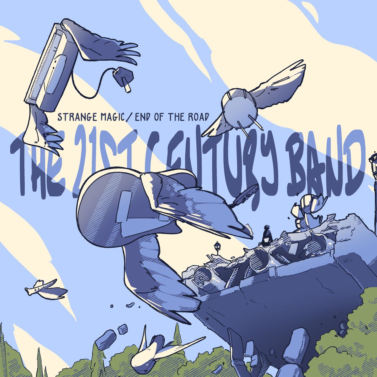 Winged musical instruments fly off of a cliff (presumably the End of the Road)