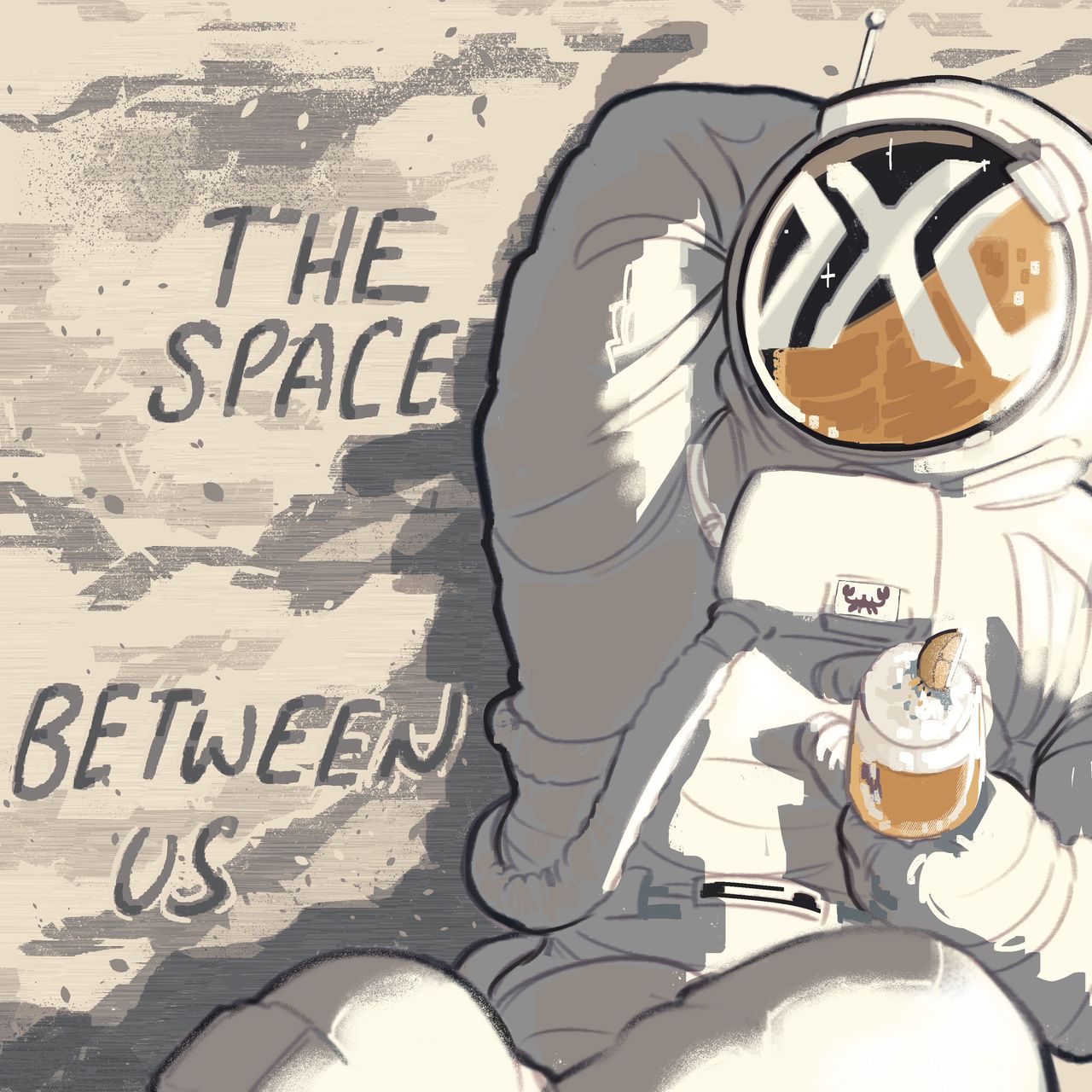 an astronaut enjoying a cocktail on the moon with text that reads "the space between us"
