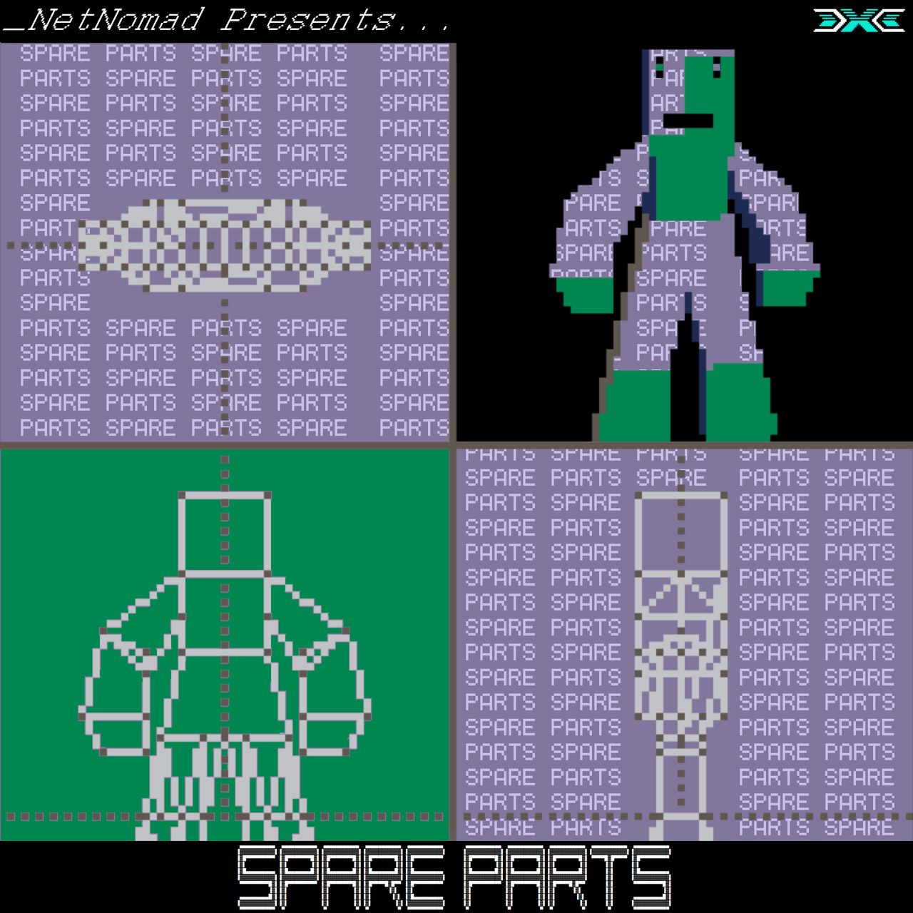 A screenshot of a robot being designed in PicoCAD. The colors have been altered to a green and purple color scheme with the name of the album repeated in the backgroud.