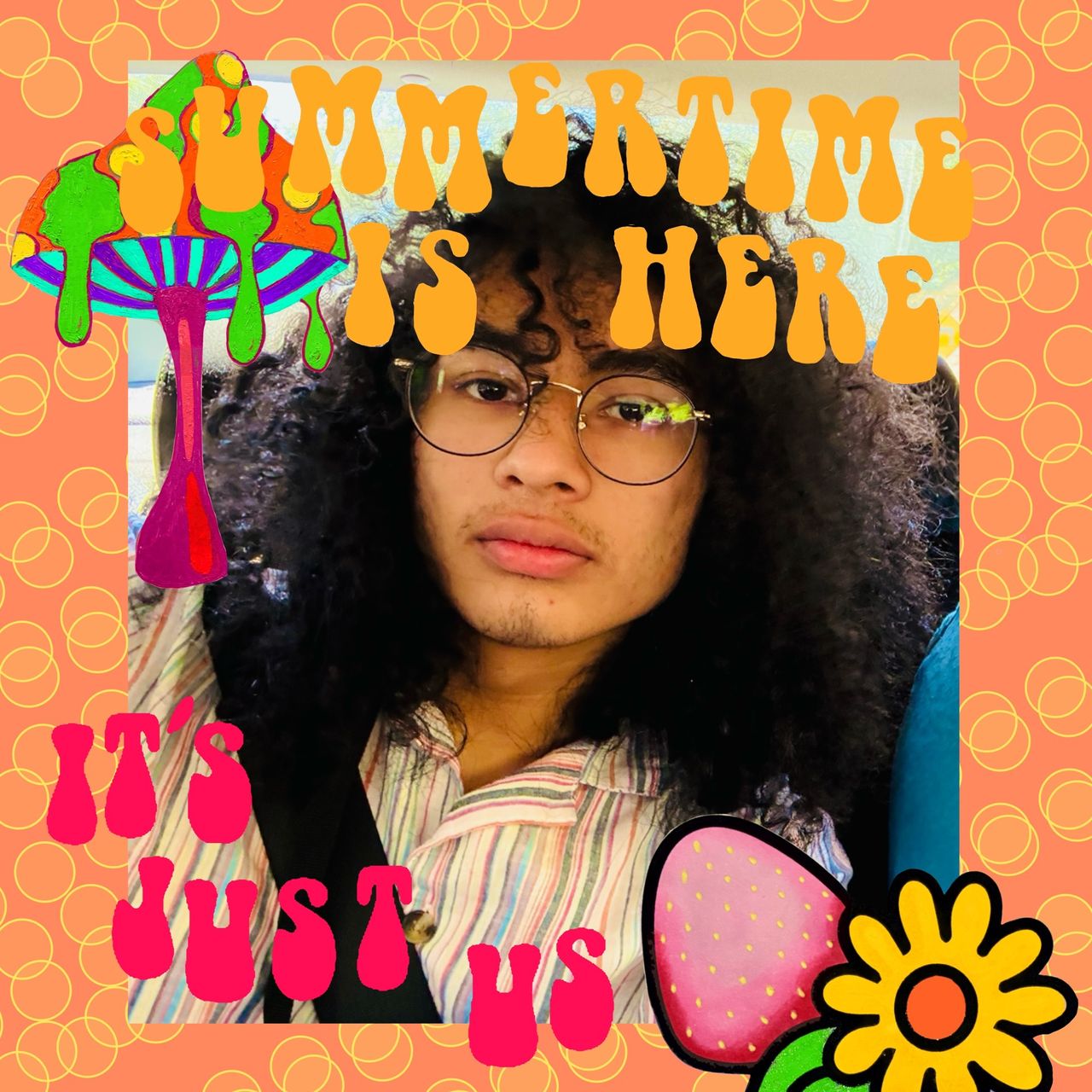 A picture of Julian with the single titles stylized in a 60s-surf-y aesthetic