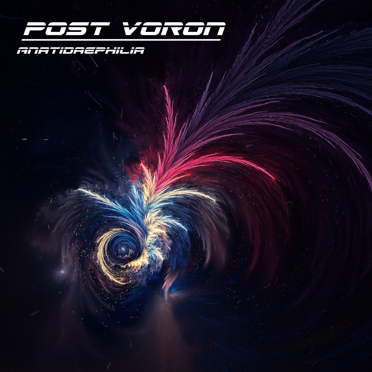 a blue, yellow, and red vortex in space. I don't know if it's because the album primed me for it but it kind of looks like a duck